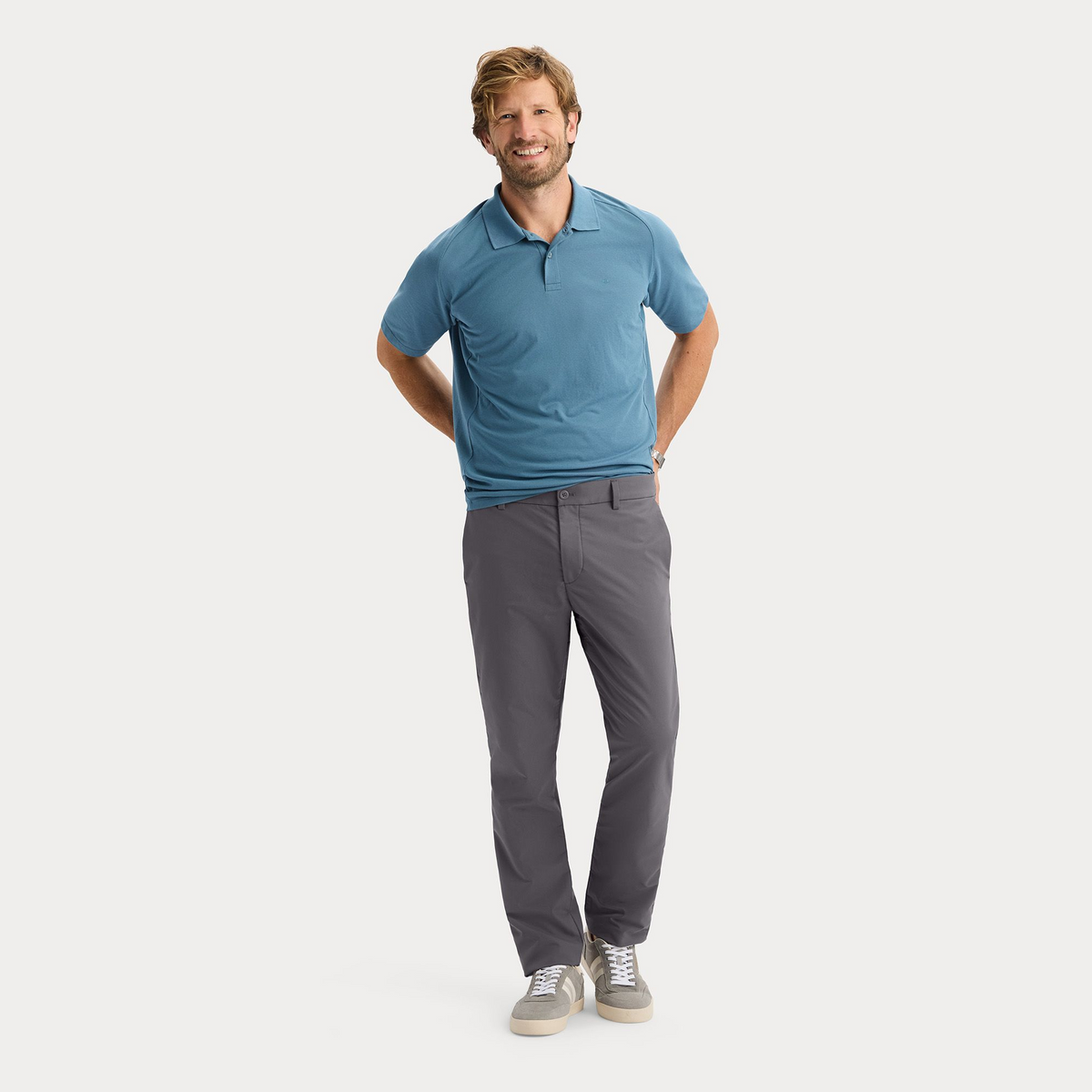 View of model wearing Boulevard Go Pro Pant with AceFlex, Slim Fit.