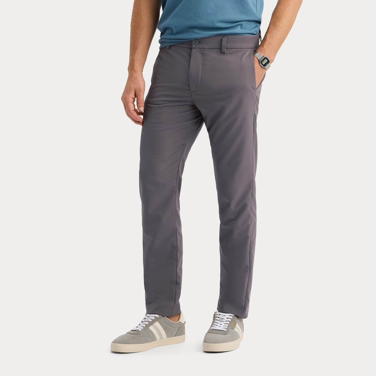 Side view of model wearing Boulevard Go Pro Pant with AceFlex, Slim Fit.