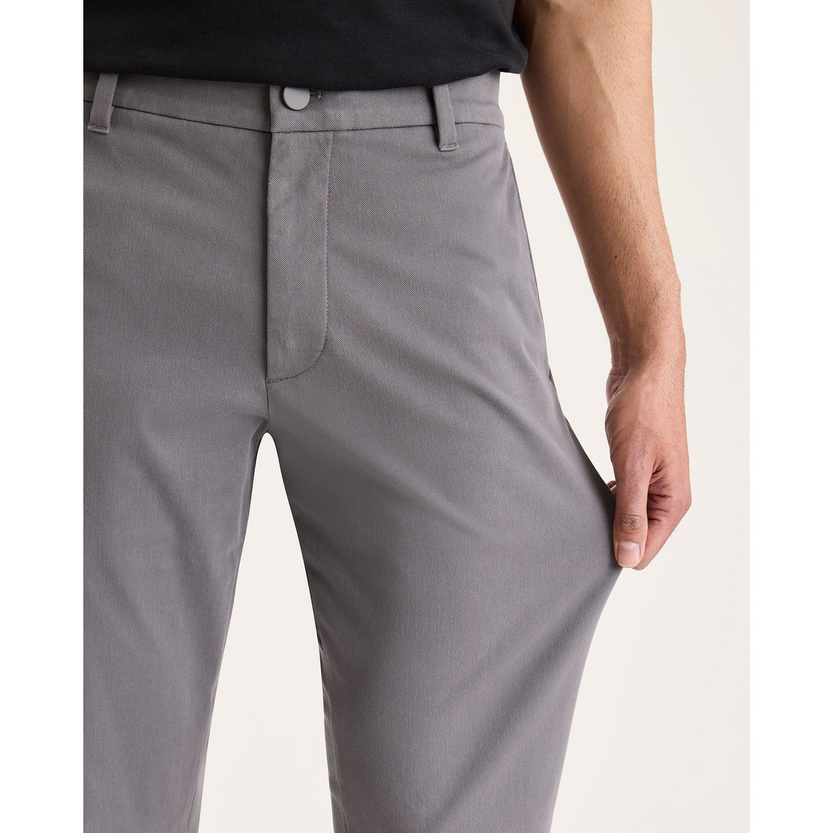 View of model wearing Car Park Grey Go Activeflex Chino, Slim Fit.