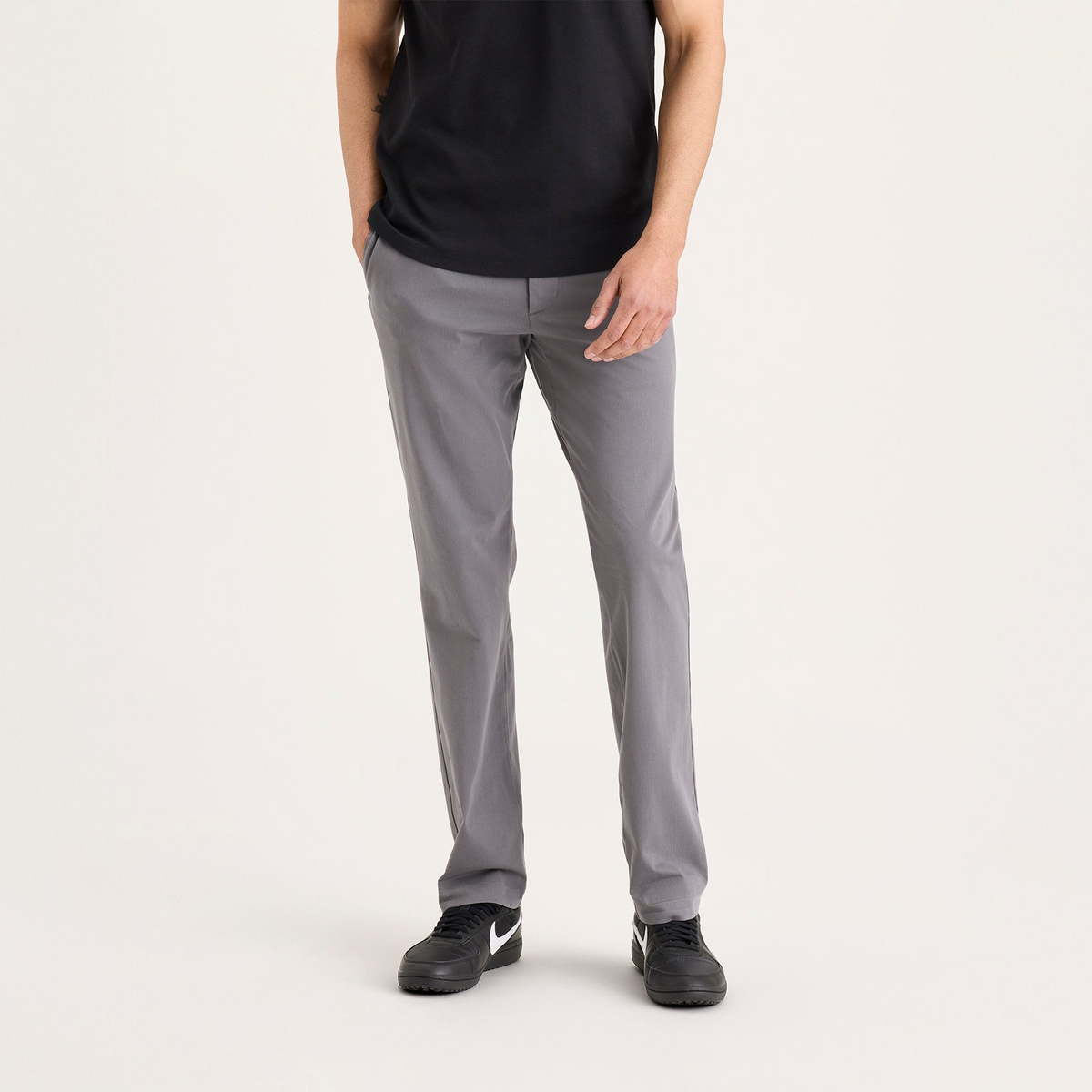 Front view of model wearing Car Park Grey Go Activeflex Chino, Slim Fit.