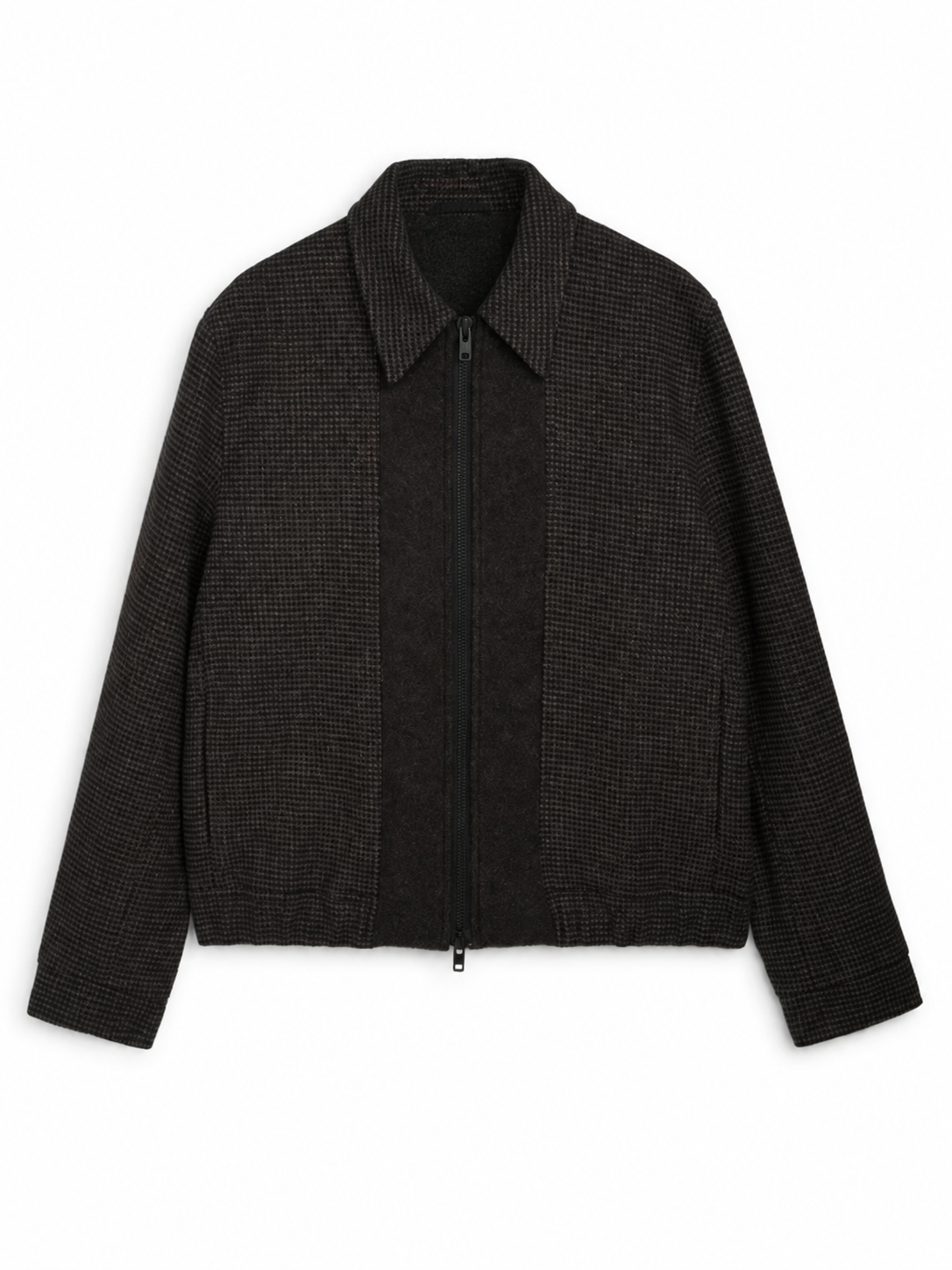 Bomber Jacket with Wool Cotton Blend and Houndstooth Pattern, Double-Zip