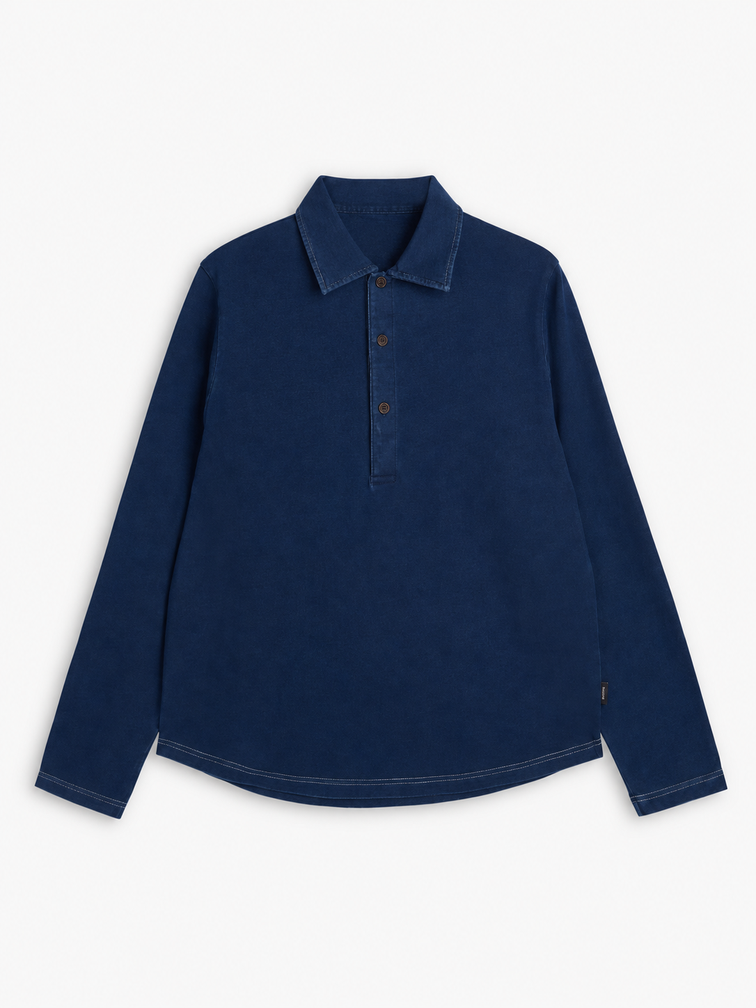 Long-Sleeve Cotton Polo Shirt with Indigo Dye and Contrast Stitching, Curved Hem