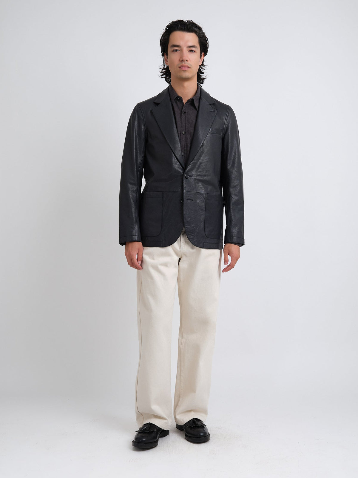 Black Leather Jacket with Two-Button Closure and Notch Lapels