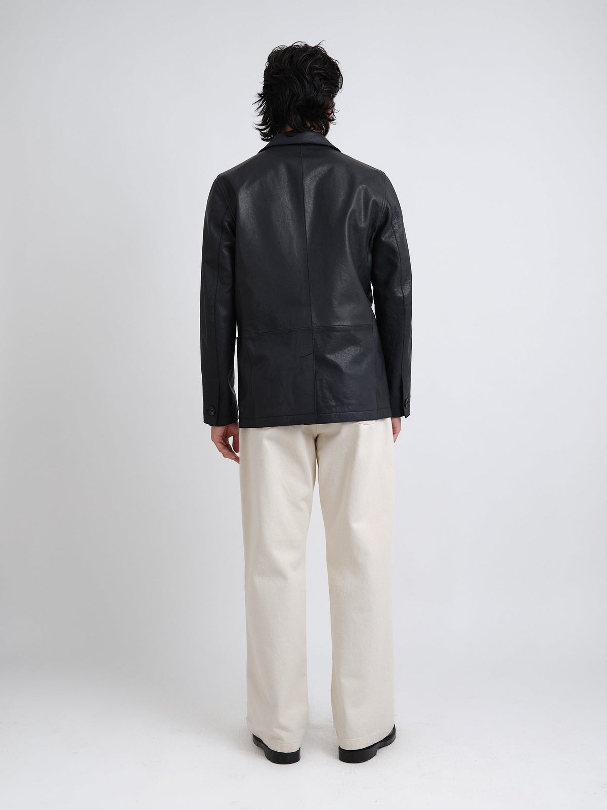 Black Leather Jacket with Two-Button Closure and Notch Lapels