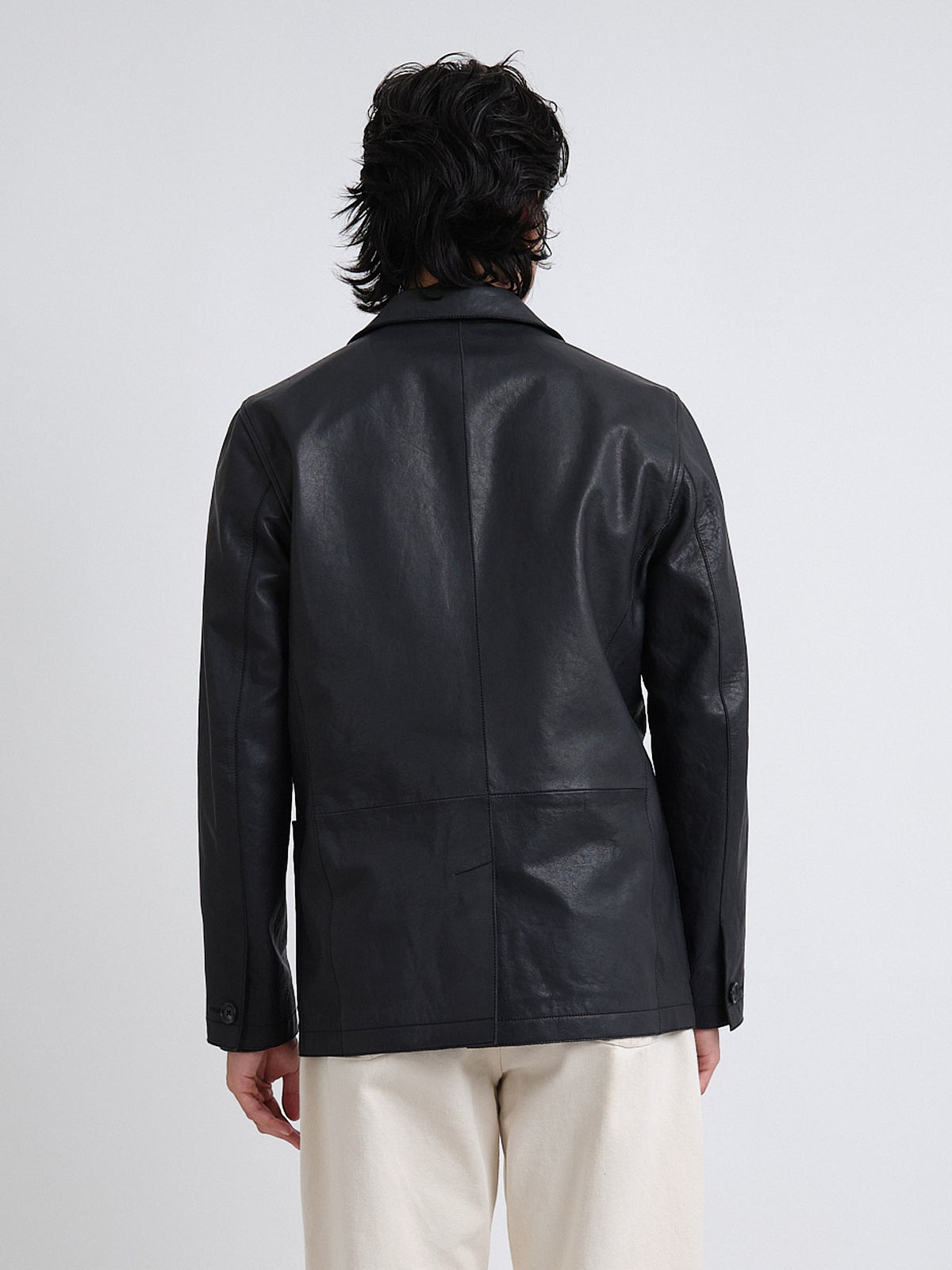 Black Leather Jacket with Two-Button Closure and Notch Lapels