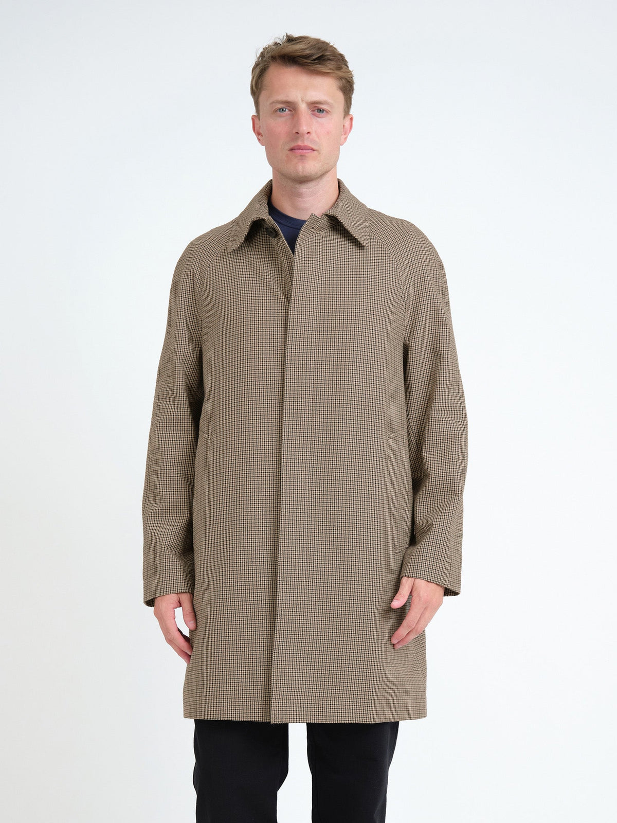 Beige Houndstooth Overcoat with Cotton Wool Blend and Spread Collar