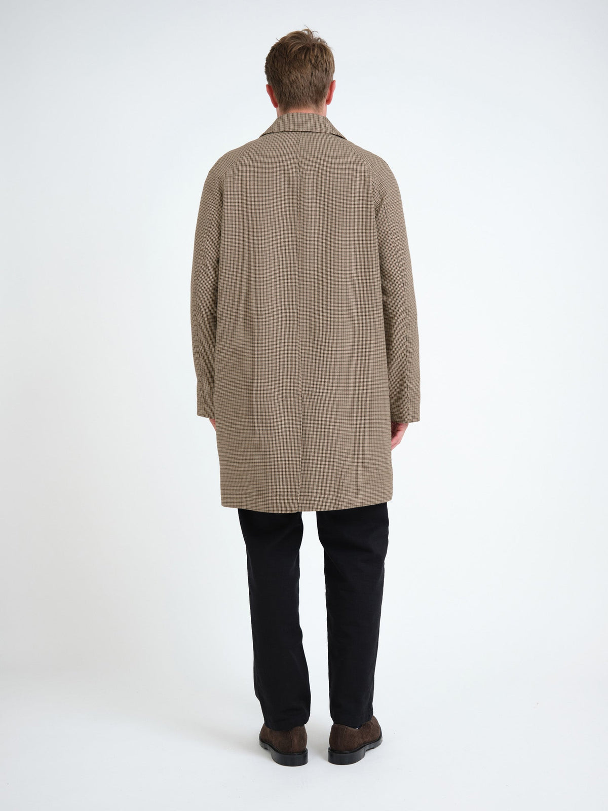 Beige Houndstooth Overcoat with Cotton Wool Blend and Spread Collar
