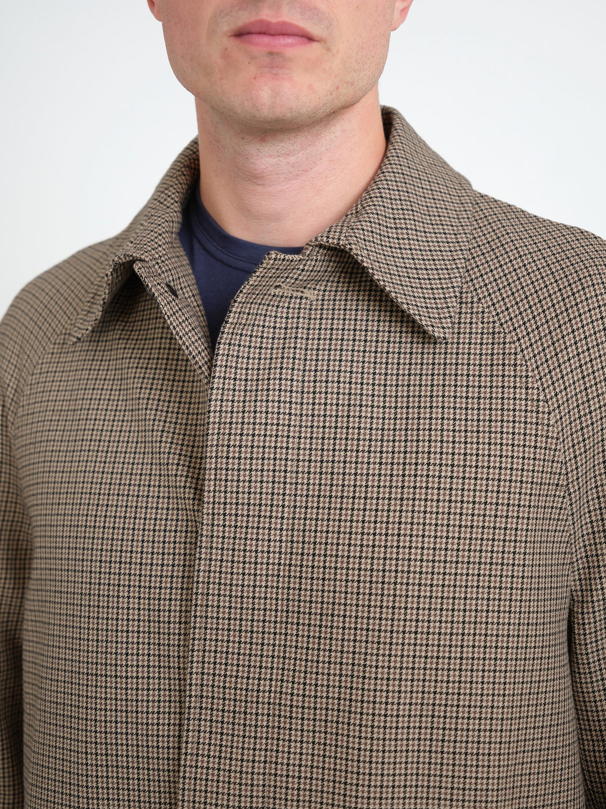 Beige Houndstooth Overcoat with Cotton Wool Blend and Spread Collar