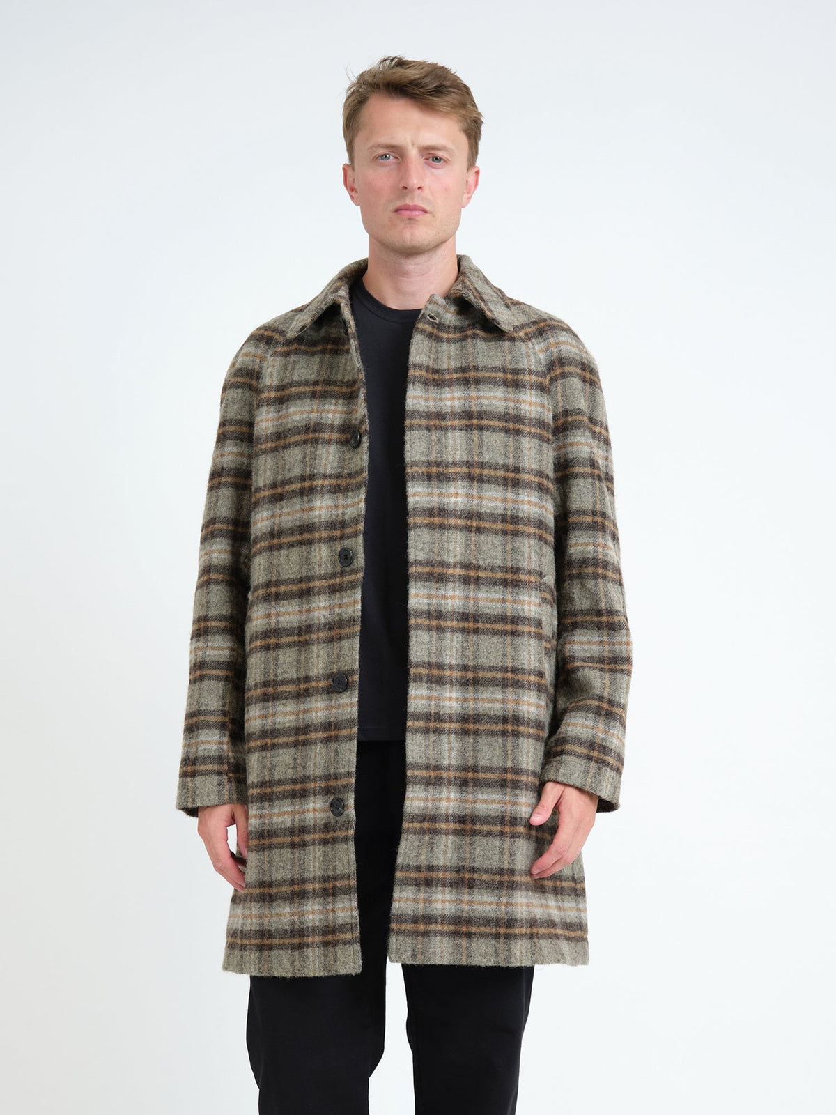 Wool Overcoat with Oatmeal Plaid Pattern and Spread Collar
