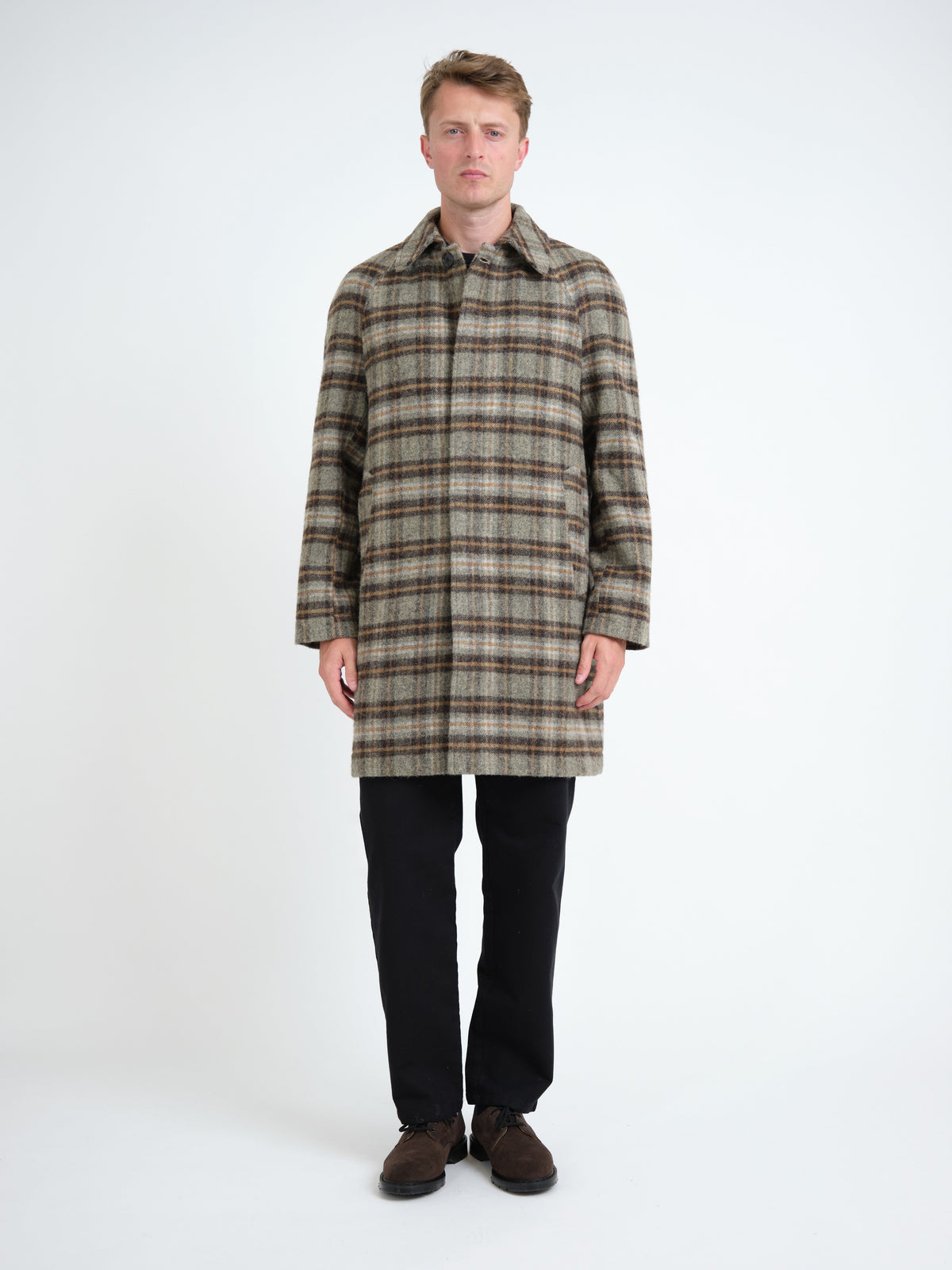 Wool Overcoat with Oatmeal Plaid Pattern and Spread Collar