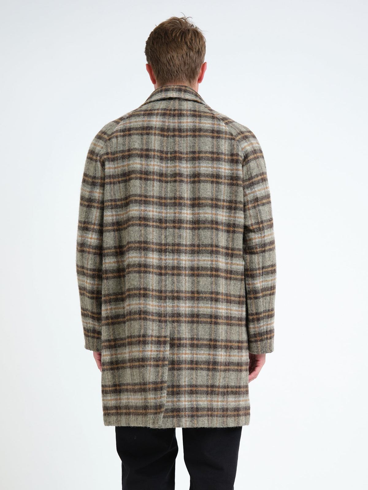 Wool Overcoat with Oatmeal Plaid Pattern and Spread Collar
