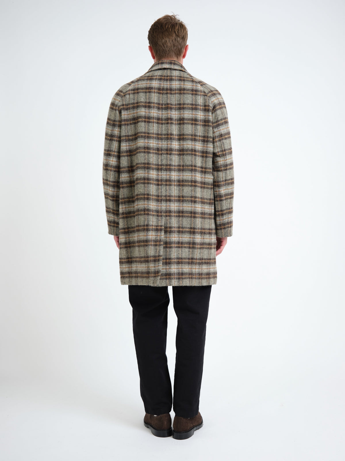Wool Overcoat with Oatmeal Plaid Pattern and Spread Collar