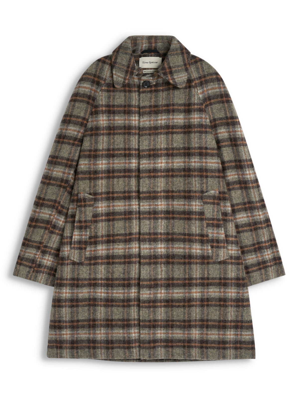 Wool Overcoat with Oatmeal Plaid Pattern and Spread Collar