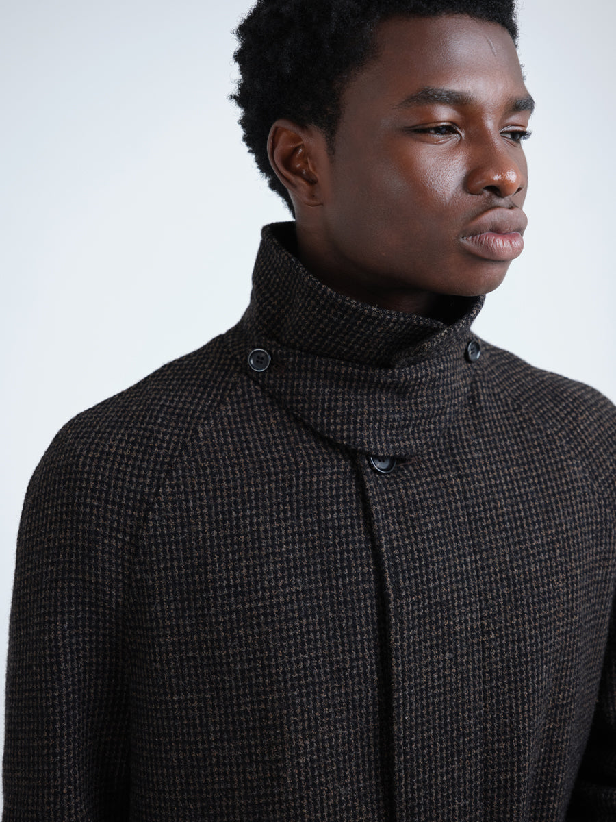 Wool-Cotton Blend Overcoat with Raglan Sleeve and Houndstooth Pattern