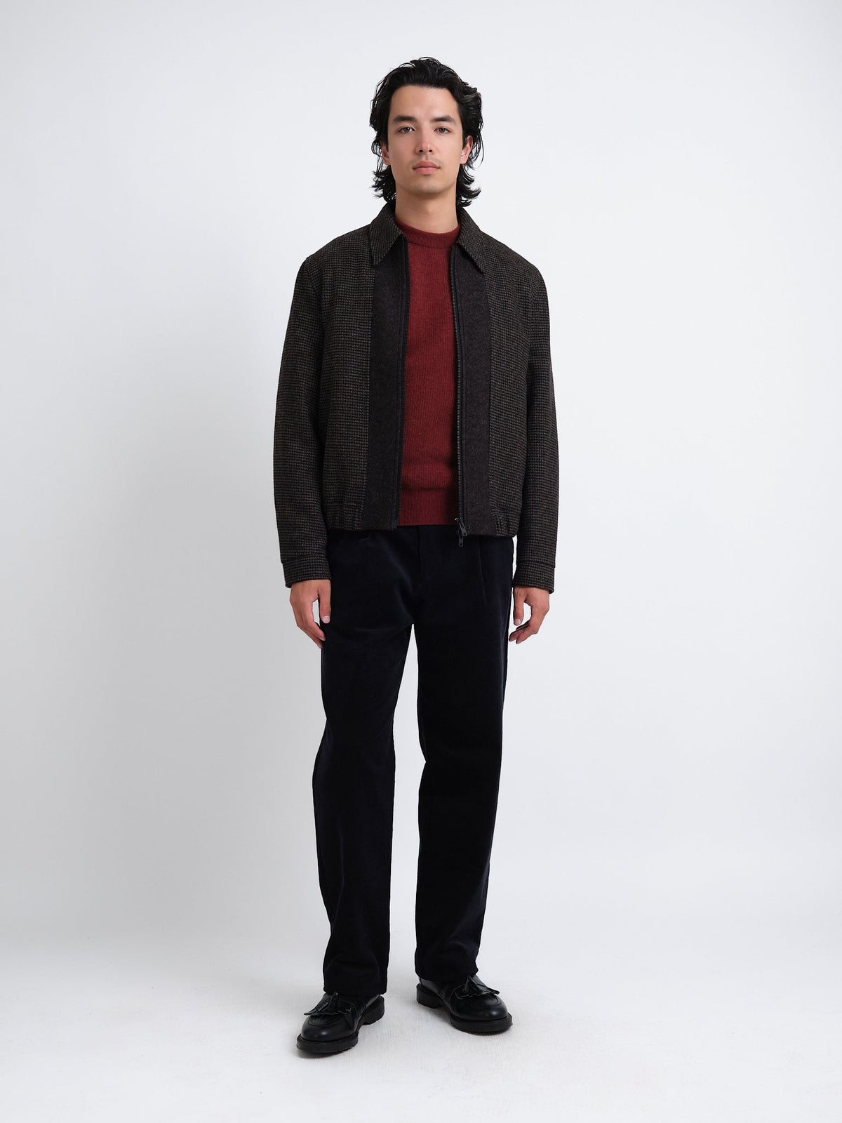 Bomber Jacket with Wool Cotton Blend and Houndstooth Pattern, Double-Zip
