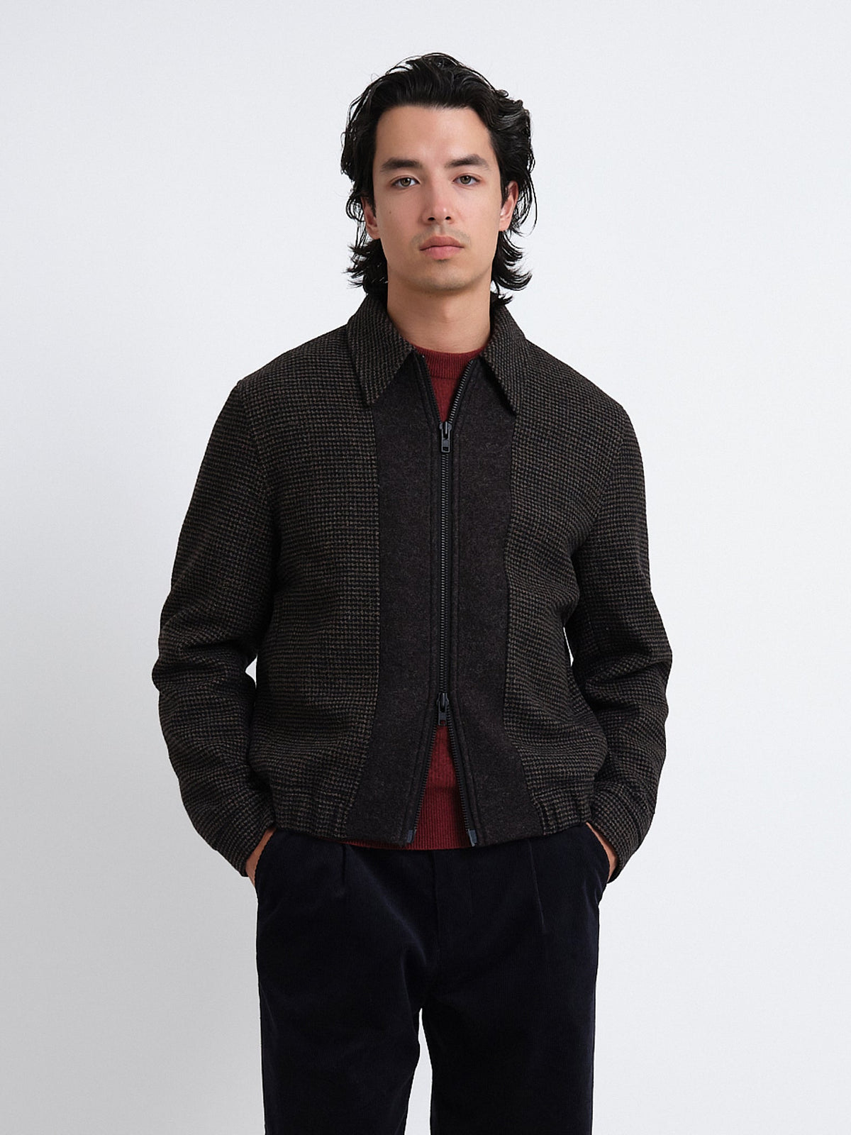 Bomber Jacket with Wool Cotton Blend and Houndstooth Pattern, Double-Zip
