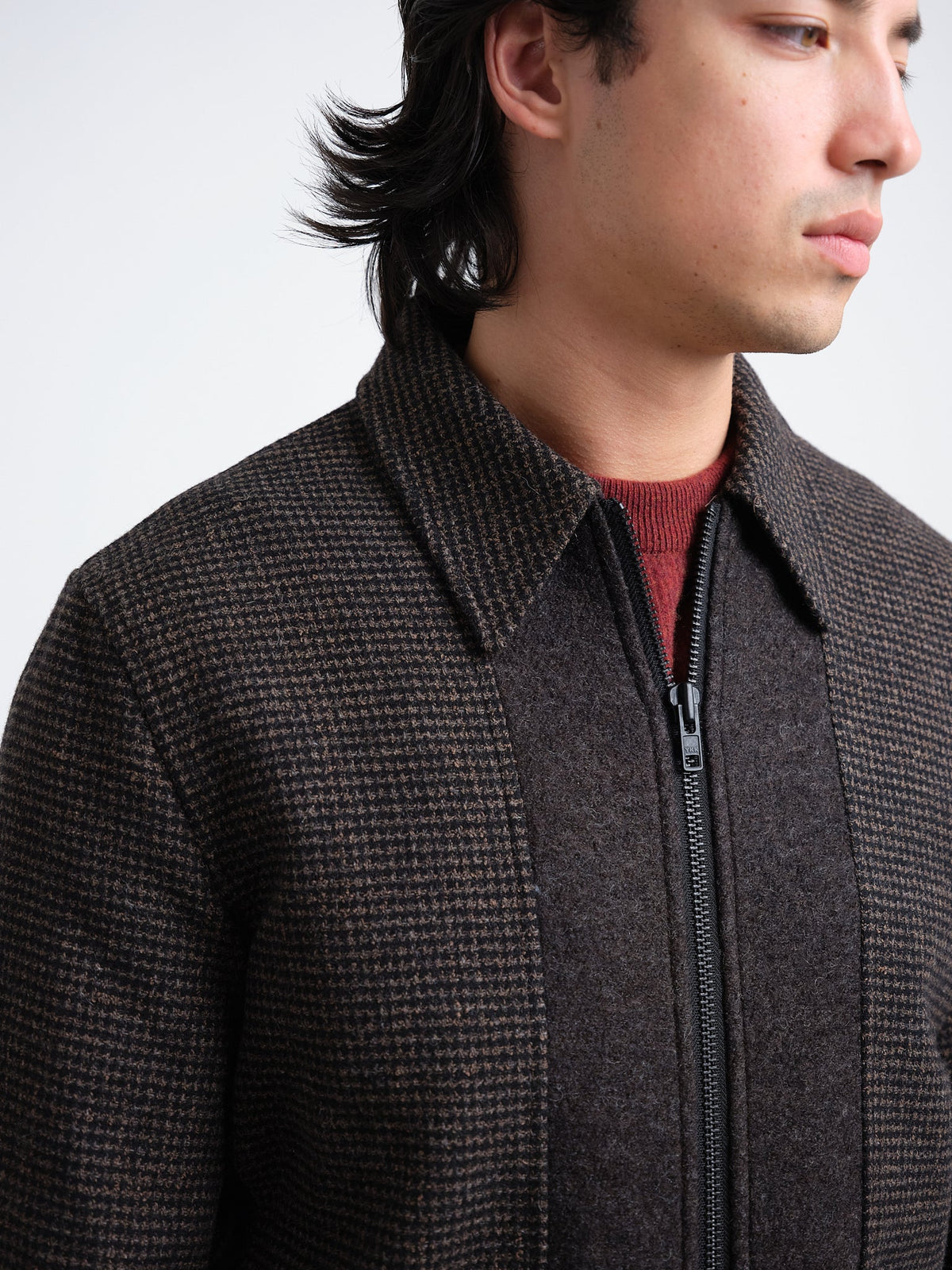 Bomber Jacket with Wool Cotton Blend and Houndstooth Pattern, Double-Zip