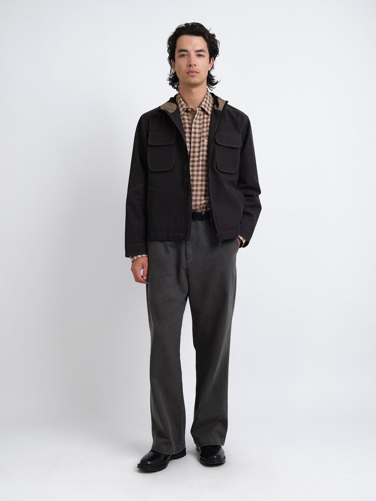 Hooded Jacket with Storm Collar and Four Pockets, Graphite Grey