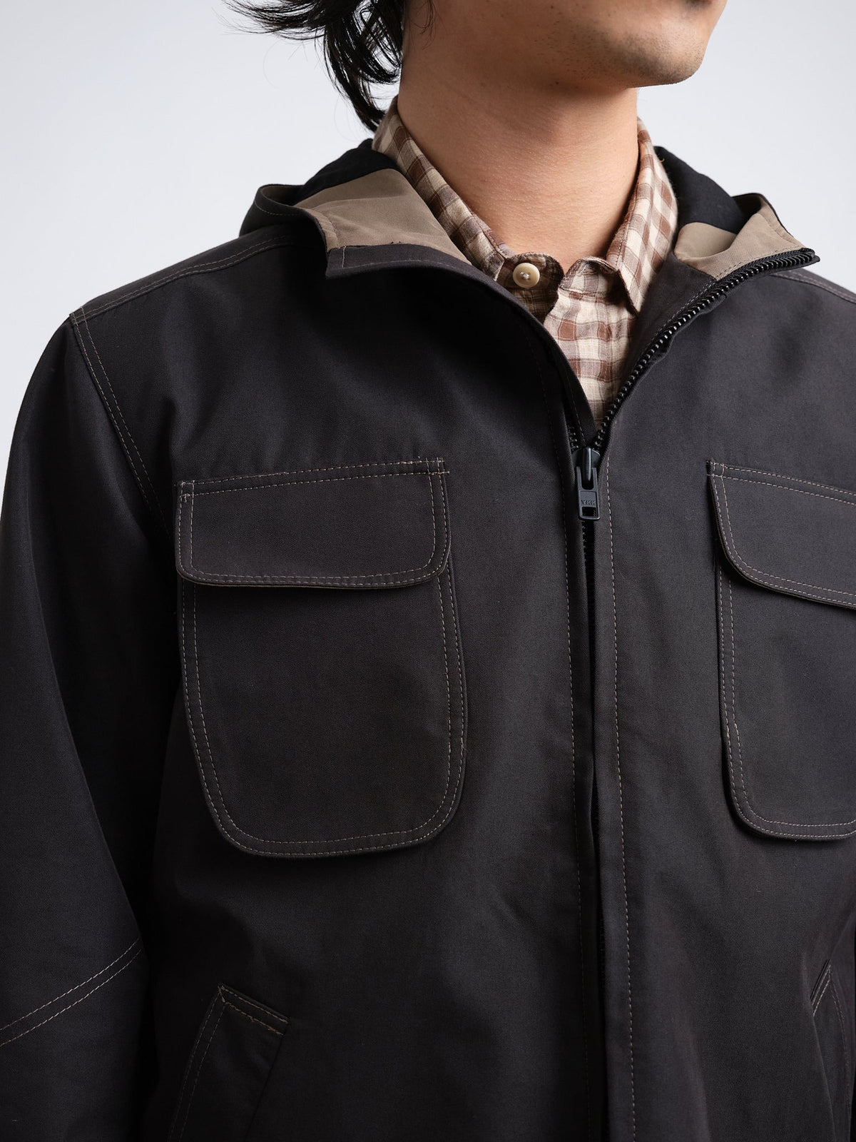 Hooded Jacket with Storm Collar and Four Pockets, Graphite Grey