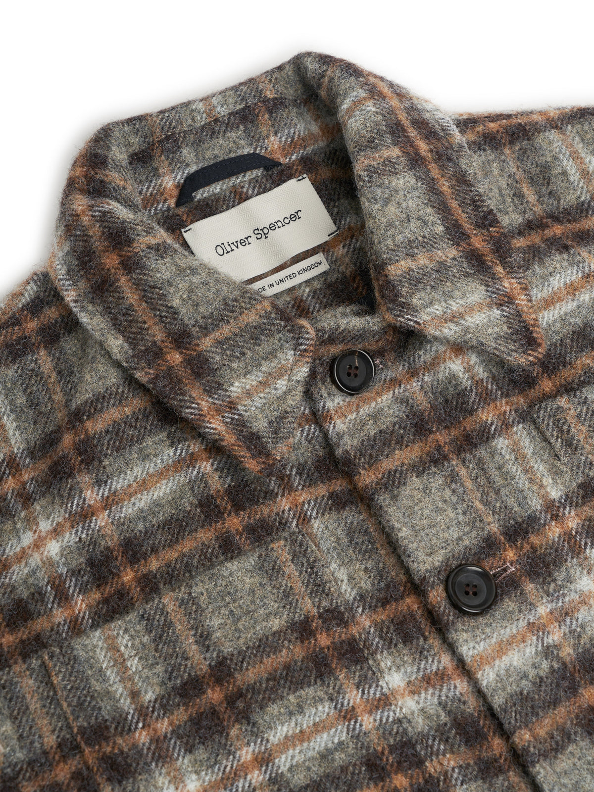 Wool Overcoat with Oatmeal Plaid Pattern and Spread Collar