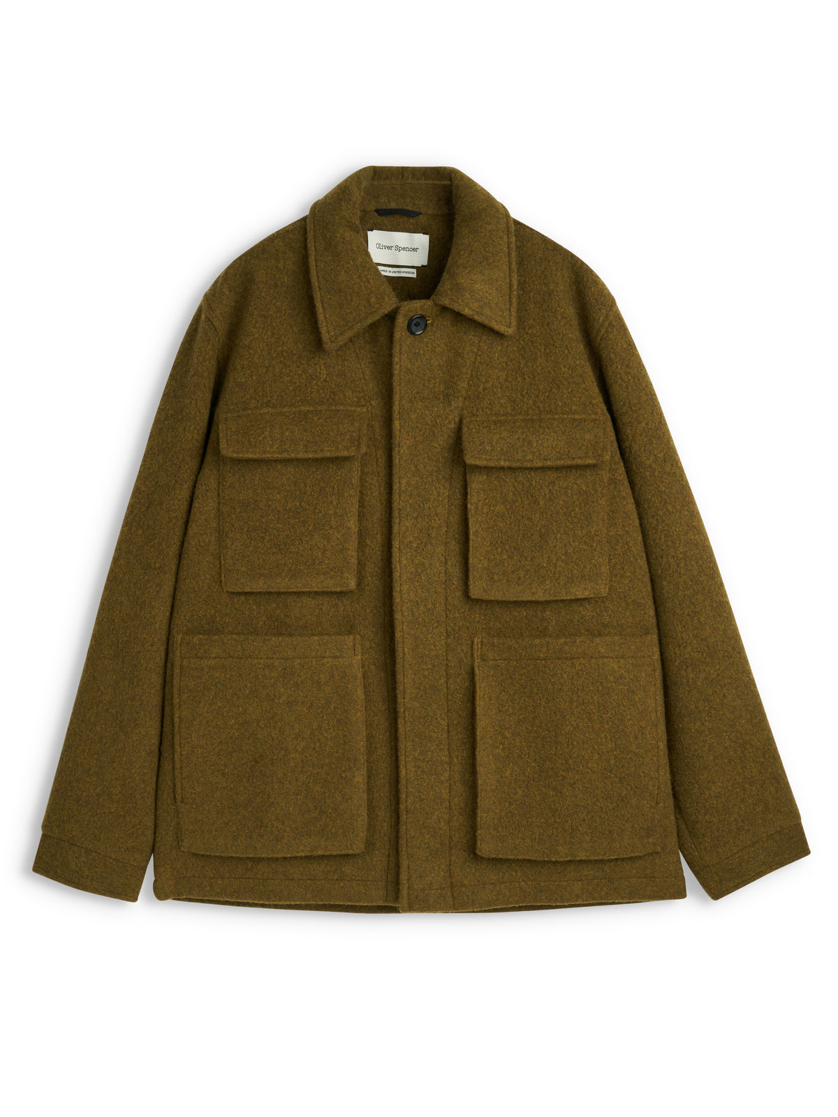 Wool Field Jacket with Covered Placket and Rear Adjusters, Moss Green