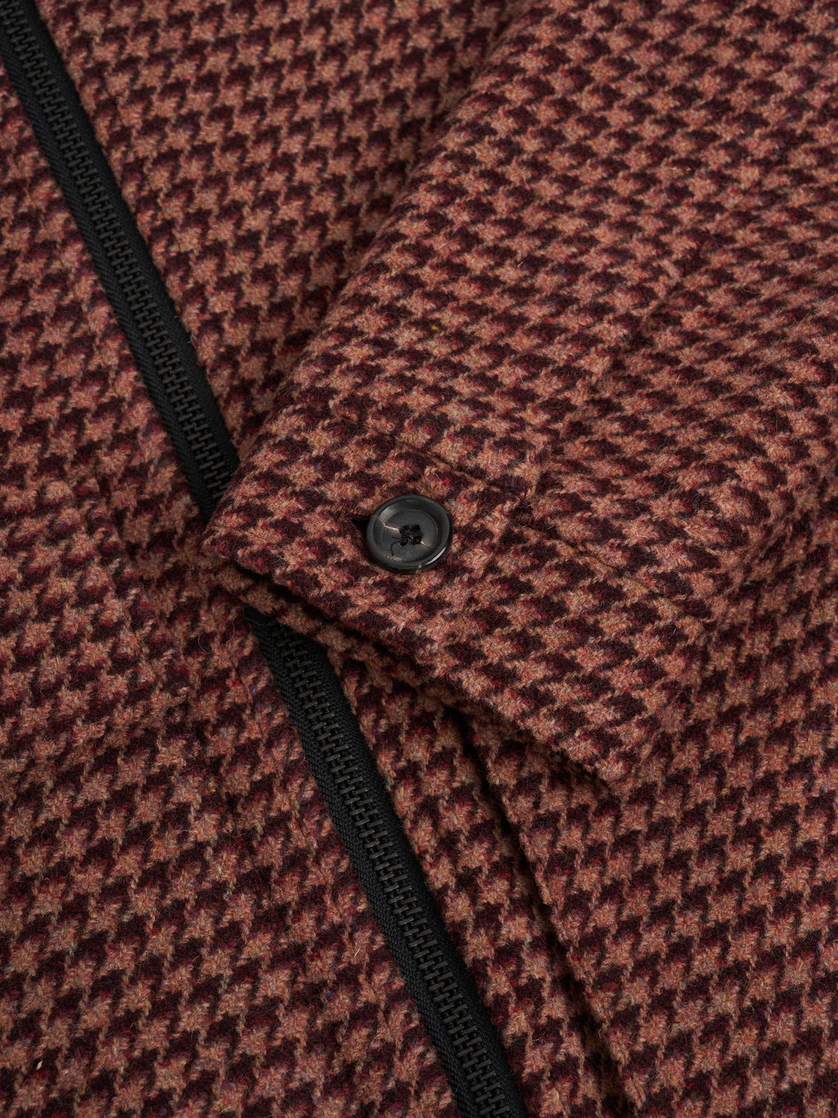 Wool Houndstooth Bomber Jacket with Stand Collar and Double-Zip Front, Burgundy Pink