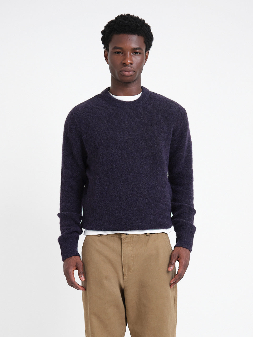 Alpaca Wool Blend Jumper with Double-Knit Ribbed Neckline and Elasticated Cuffs, Purple