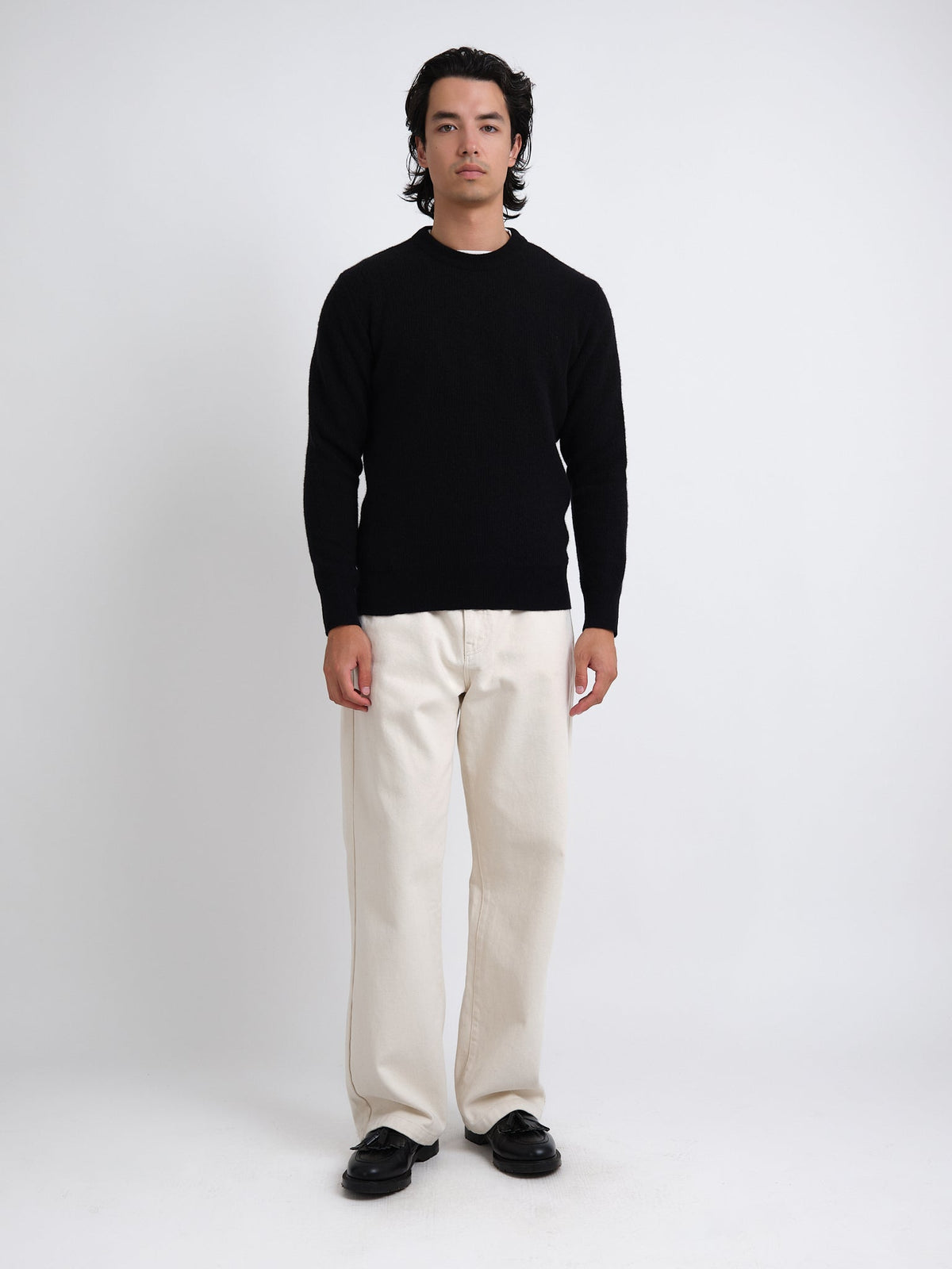 Extrafine Wool Pullover Sweater with Ribbed Collar and Elastic Waist, Black