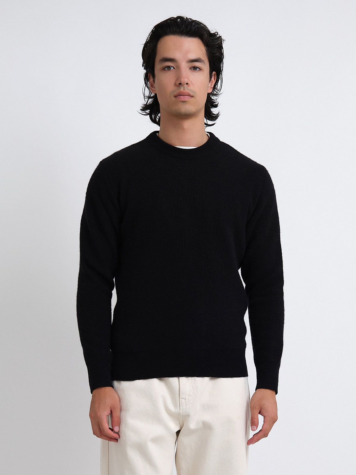 Extrafine Wool Pullover Sweater with Ribbed Collar and Elastic Waist, Black