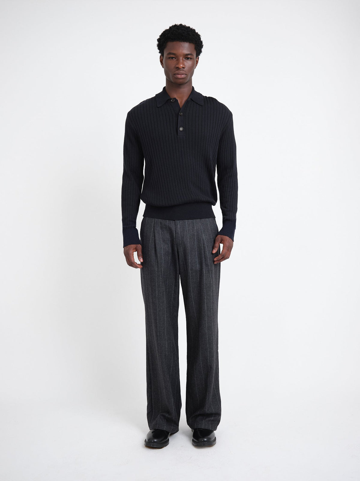 Long-Sleeve Knitted Polo Shirt with Ribbed Texture and Three-Button Placket, Navy