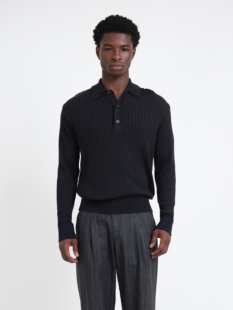 Long-Sleeve Knitted Polo Shirt with Ribbed Texture and Three-Button Placket, Navy