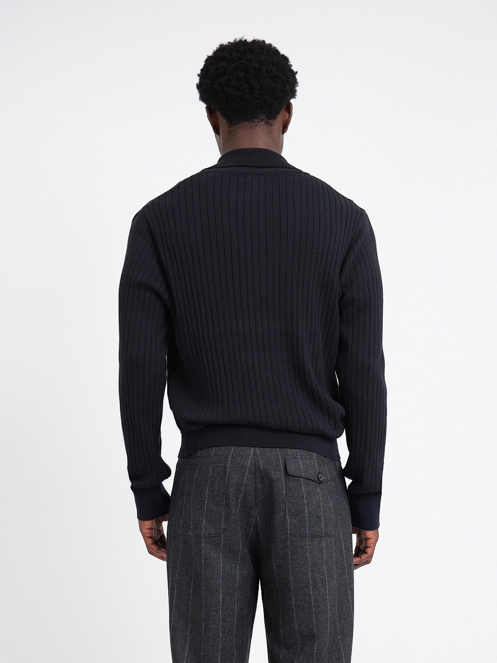 Long-Sleeve Knitted Polo Shirt with Ribbed Texture and Three-Button Placket, Navy