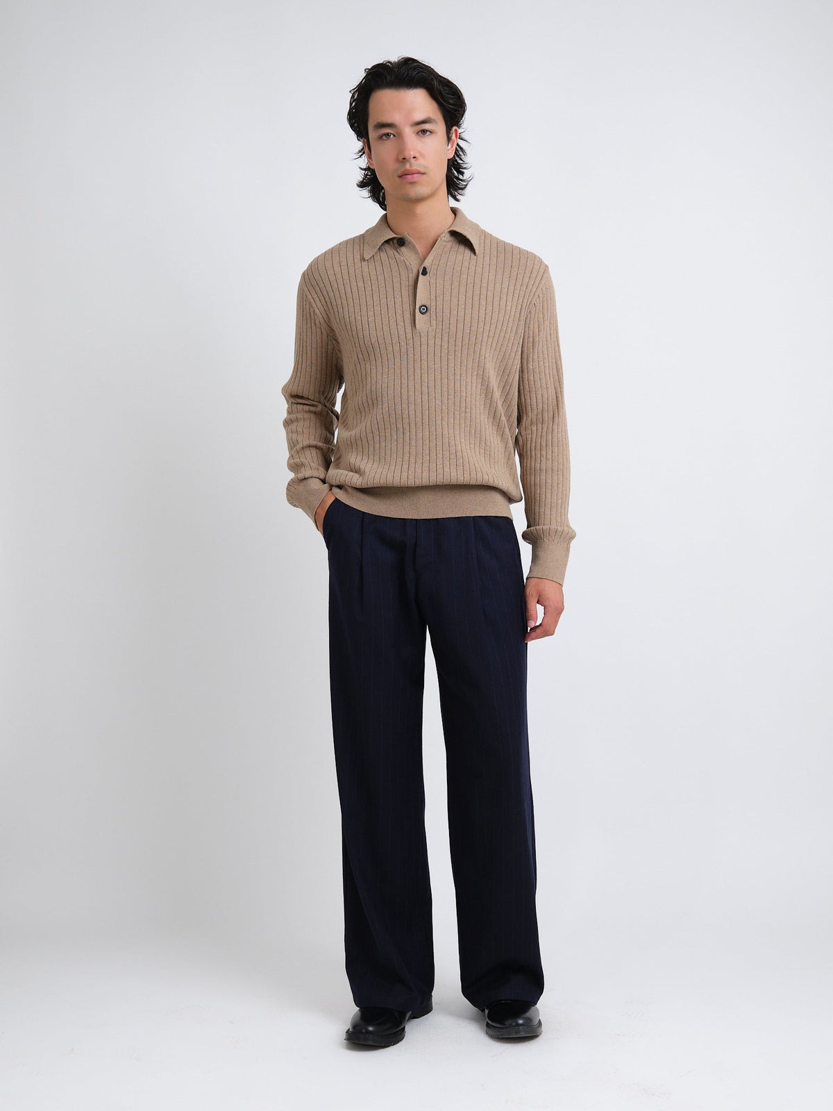 Long-Sleeve Knitted Polo Shirt with Organic Cotton and Soft Ribbed Collar, Sand