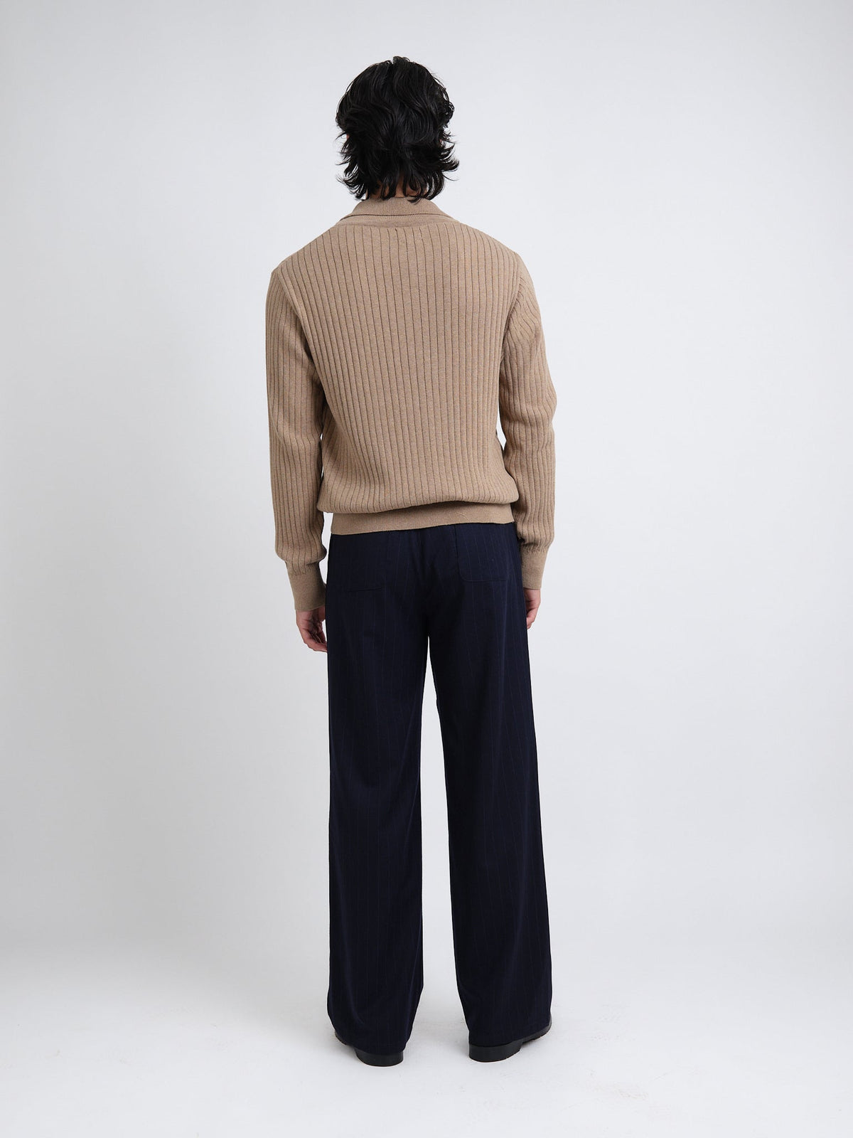 Long-Sleeve Knitted Polo Shirt with Organic Cotton and Soft Ribbed Collar, Sand