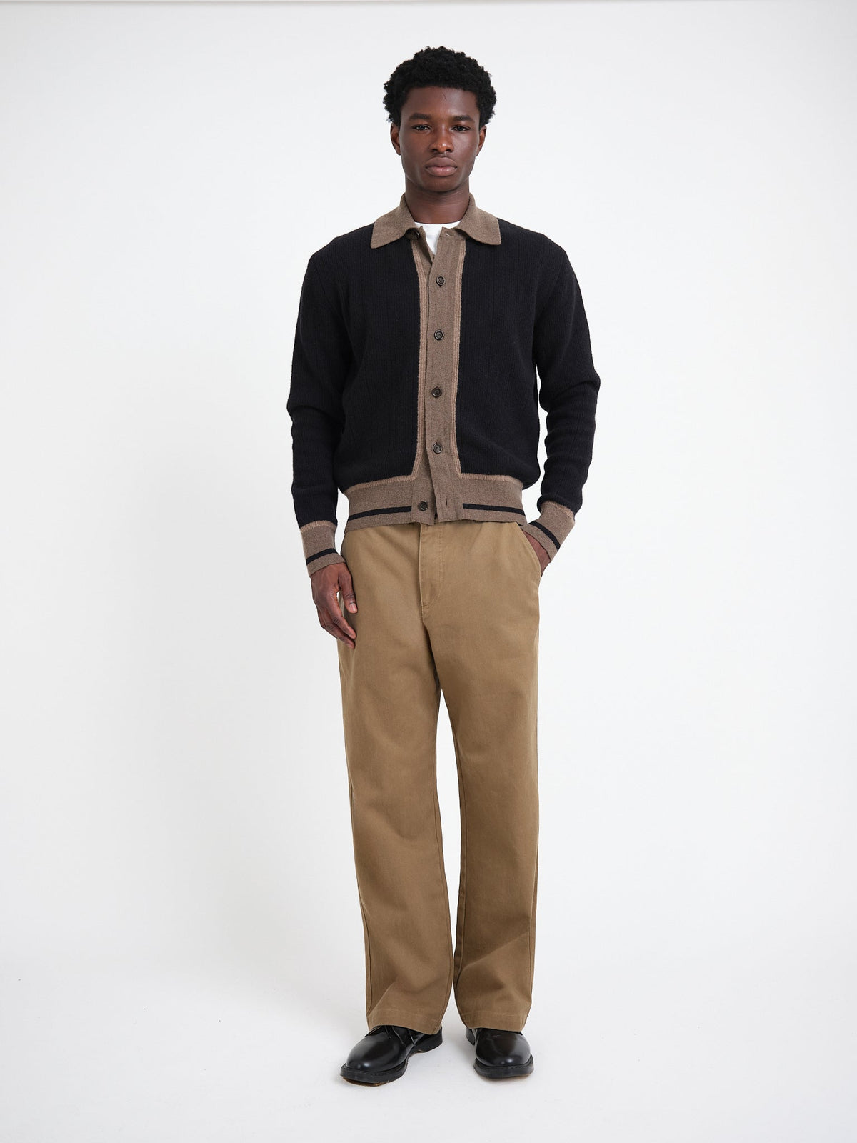 Two-Tone Wool Cardigan with Spread Collar and Tan Accents, Black