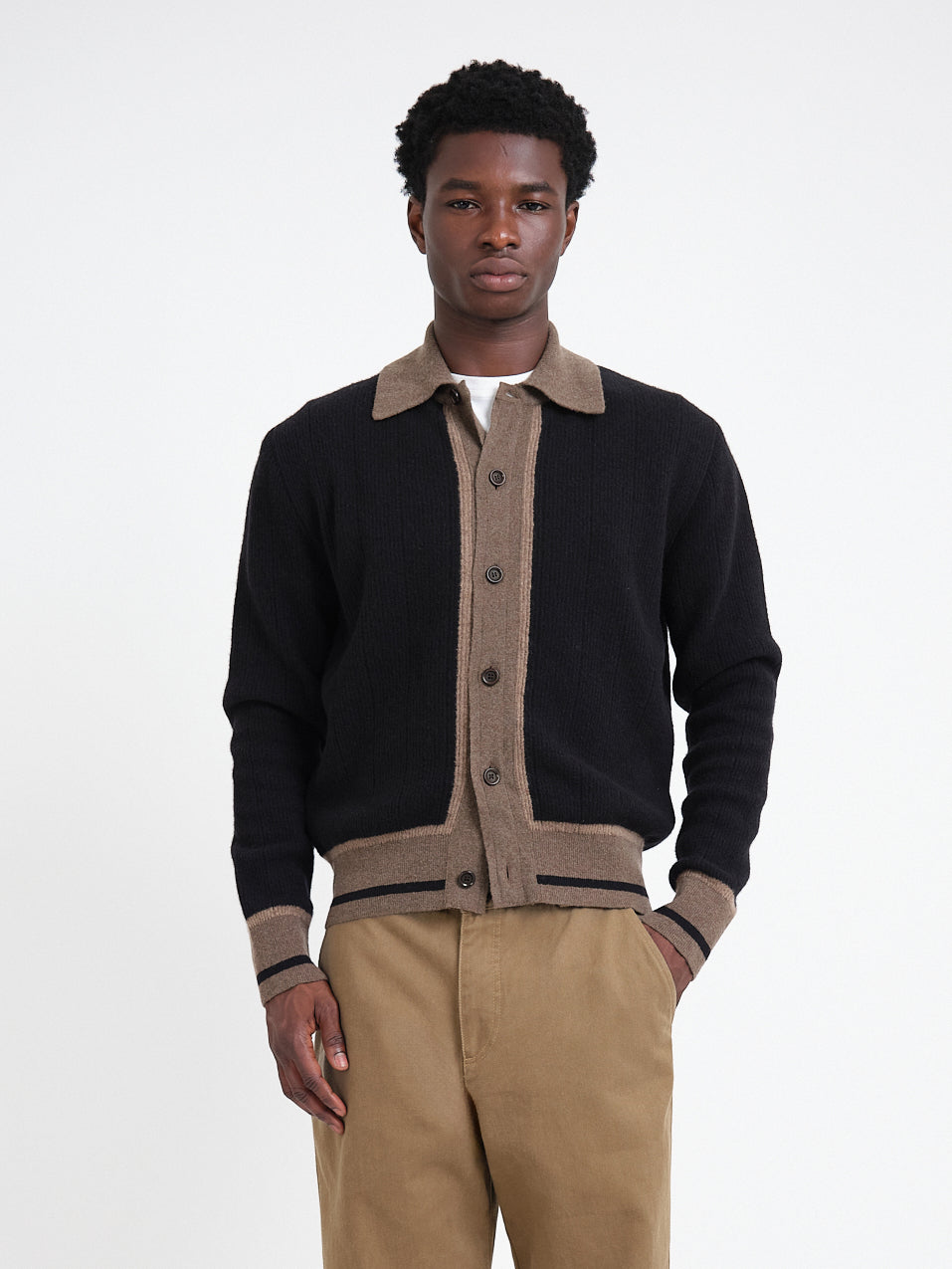 Two-Tone Wool Cardigan with Spread Collar and Tan Accents, Black