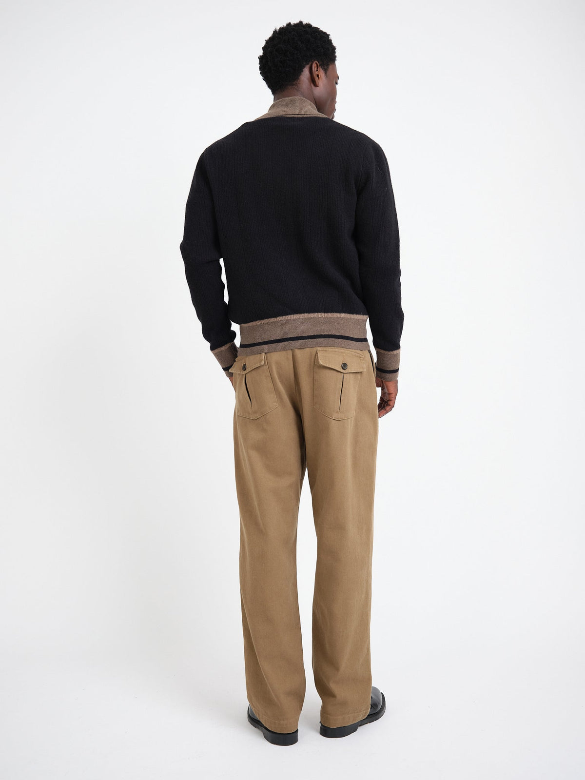 Two-Tone Wool Cardigan with Spread Collar and Tan Accents, Black