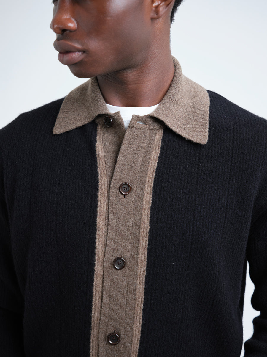 Two-Tone Wool Cardigan with Spread Collar and Tan Accents, Black