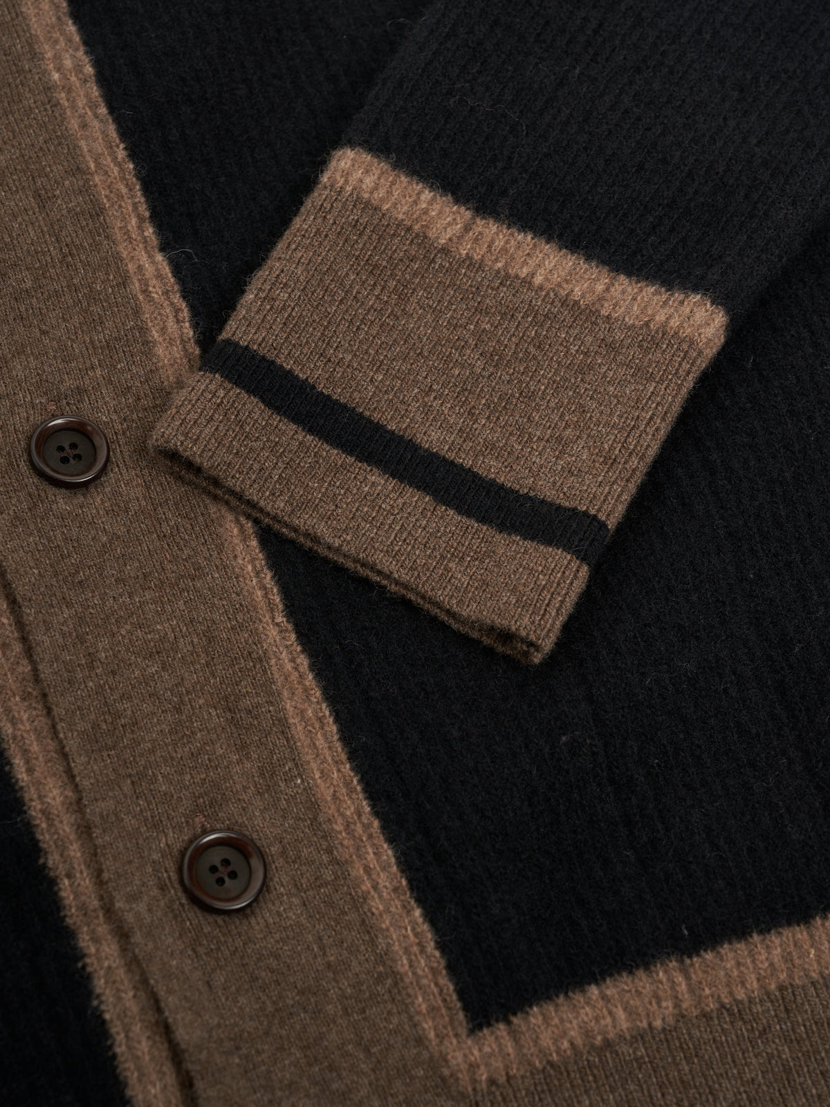 Two-Tone Wool Cardigan with Spread Collar and Tan Accents, Black