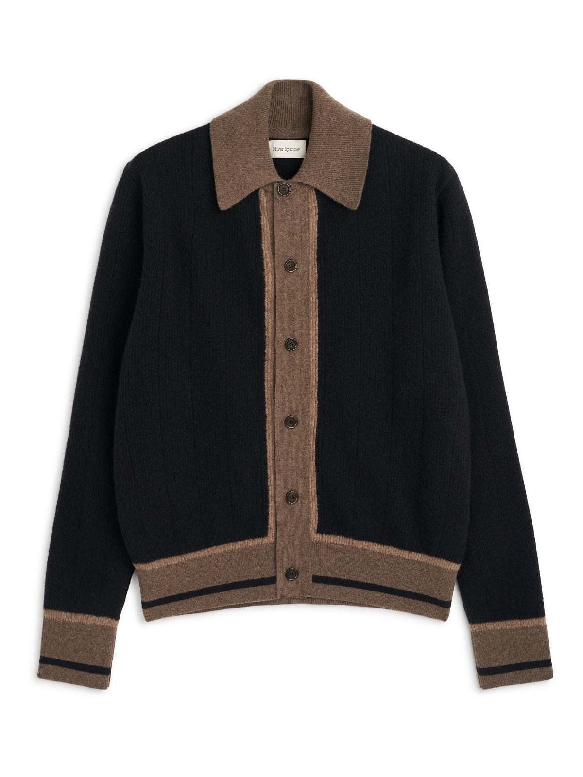 Two-Tone Wool Cardigan with Spread Collar and Tan Accents, Black