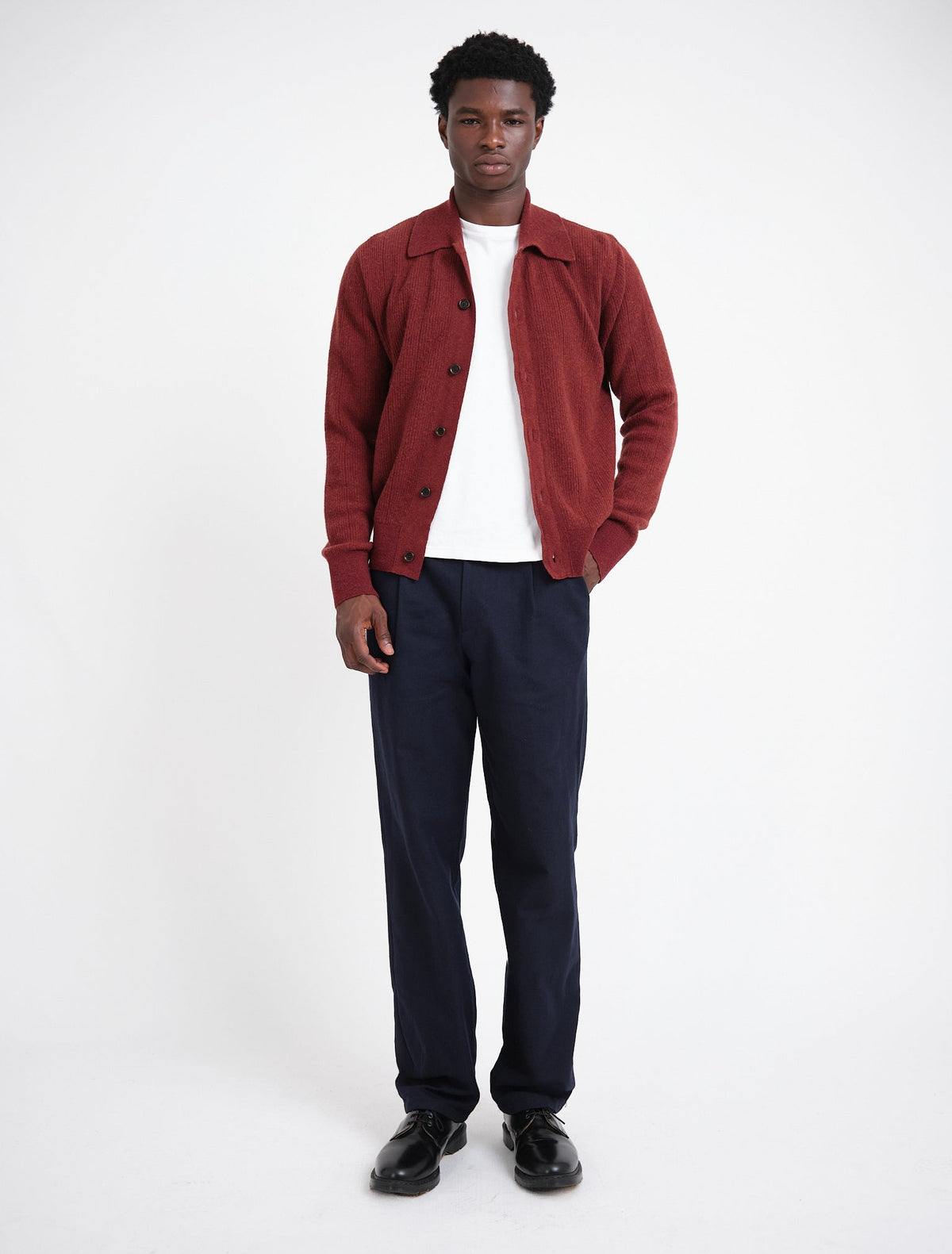 Extrafine Wool Cardigan with Spread Collar and Button Front, Red