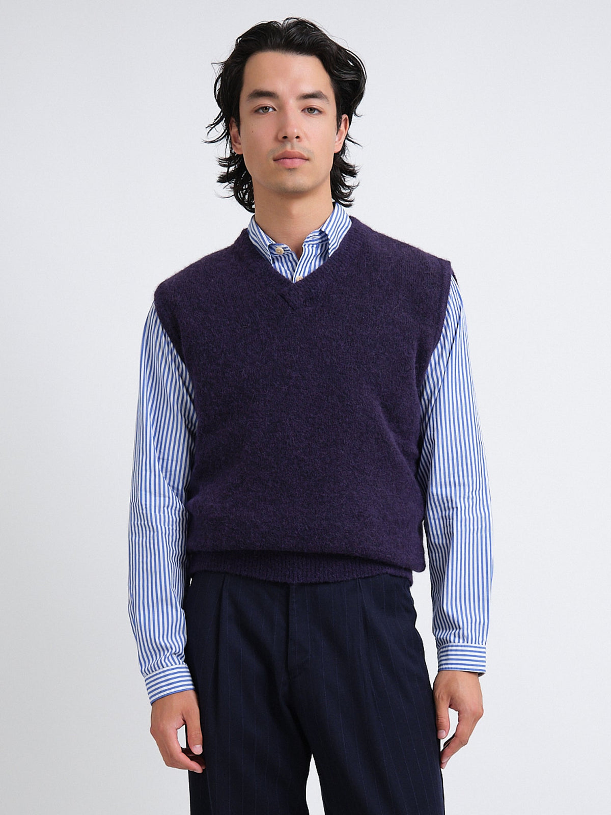 Purple V-Neck Sleeveless Knit Vest with Alpaca Wool Blend
