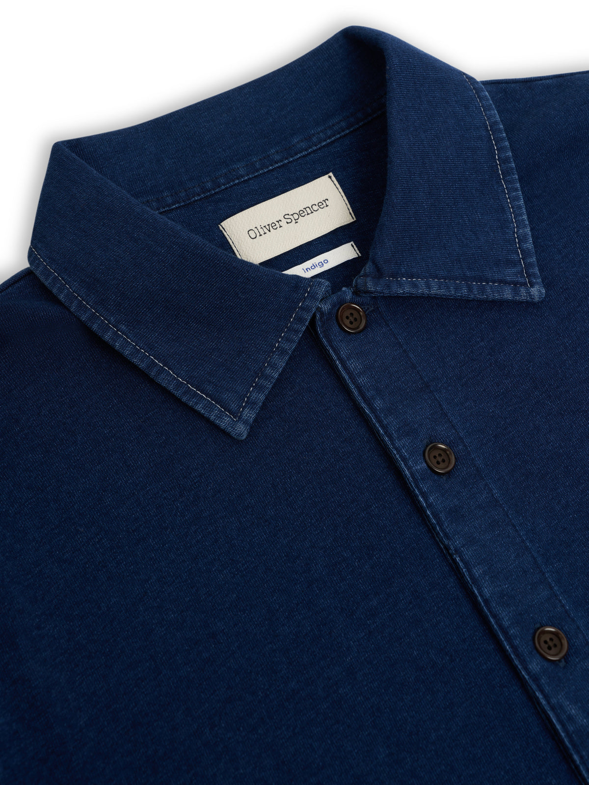 Long-Sleeve Cotton Polo Shirt with Indigo Dye and Contrast Stitching, Curved Hem