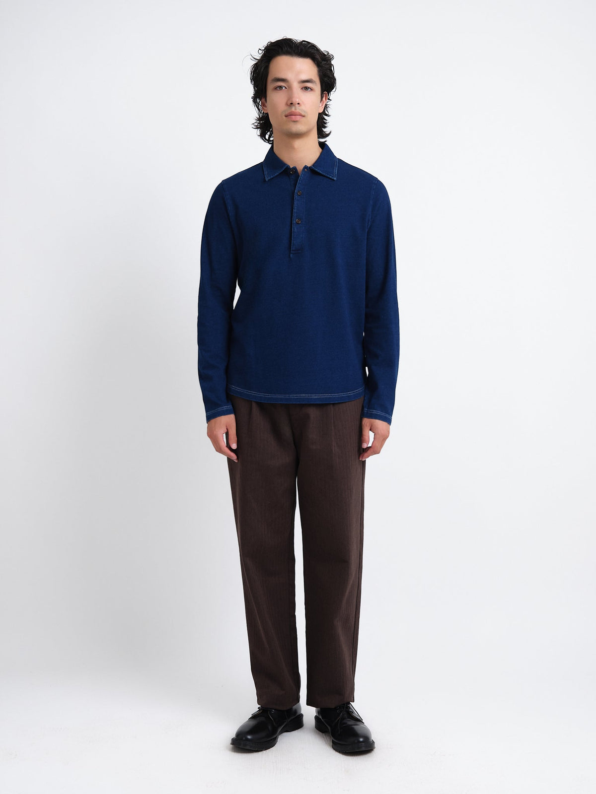 Long-Sleeve Cotton Polo Shirt with Indigo Dye and Contrast Stitching, Curved Hem