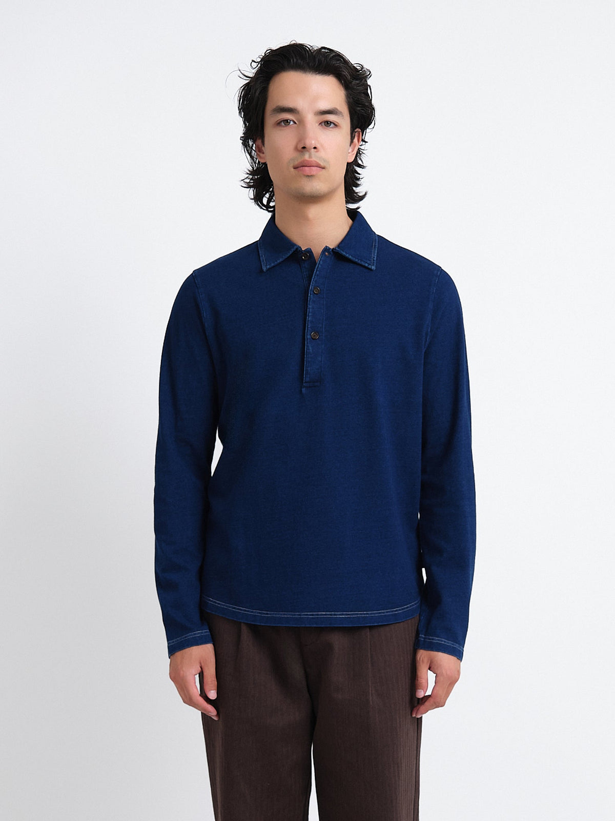 Long-Sleeve Cotton Polo Shirt with Indigo Dye and Contrast Stitching, Curved Hem