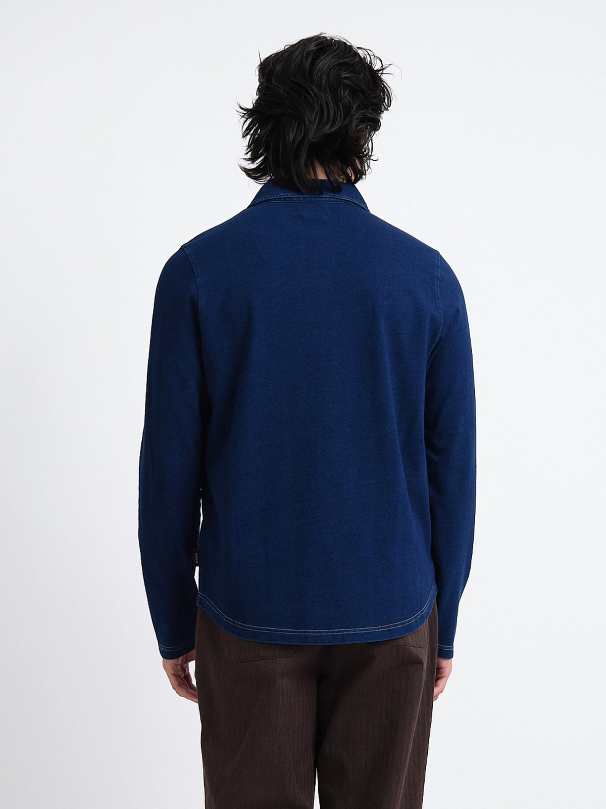 Long-Sleeve Cotton Polo Shirt with Indigo Dye and Contrast Stitching, Curved Hem