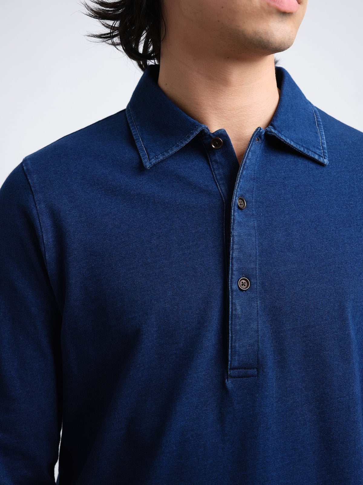 Long-Sleeve Cotton Polo Shirt with Indigo Dye and Contrast Stitching, Curved Hem