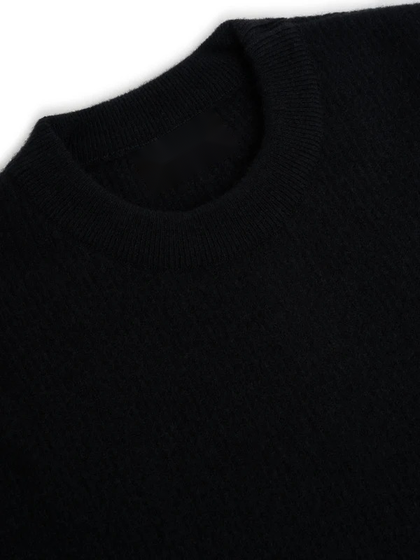 Extrafine Wool Pullover Sweater with Ribbed Collar and Elastic Waist, Black