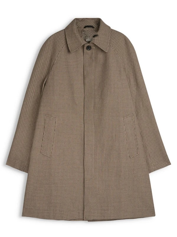 Beige Houndstooth Overcoat with Cotton Wool Blend and Spread Collar