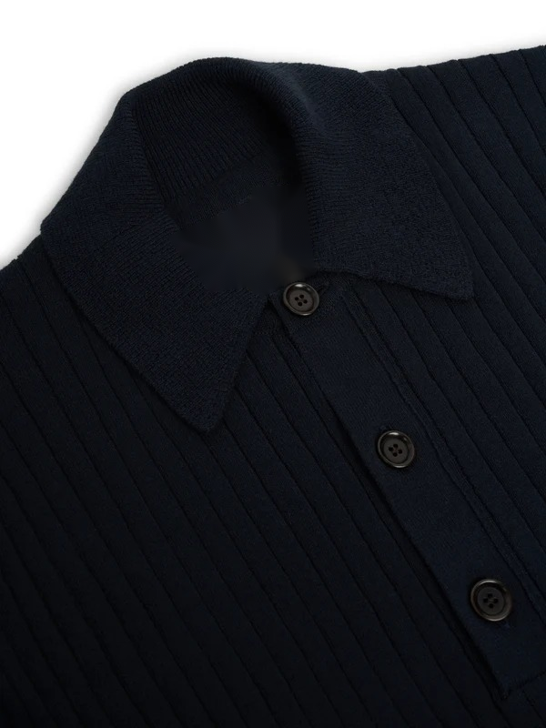 Long-Sleeve Knitted Polo Shirt with Ribbed Texture and Three-Button Placket, Navy